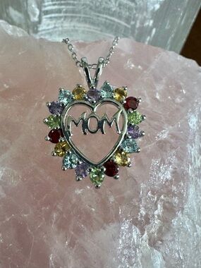 Multicolor Gemstone MOM Heart Pendant Necklace - Sterling Silver